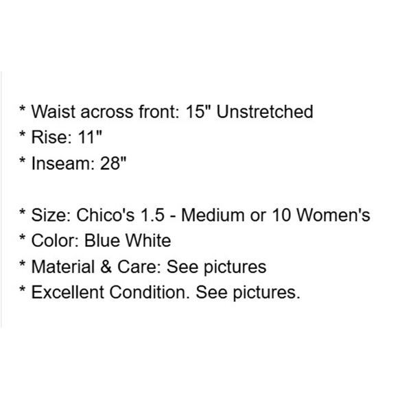 Chicos Pants 1.5 Womens Medium 10 Blue White Ankle Elastic Waist Pockets Resort - Picture 4 of 14